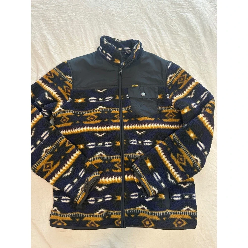 Wrangler Mens Southwestern Aztec Fleece Jacket Navy Orange Large
